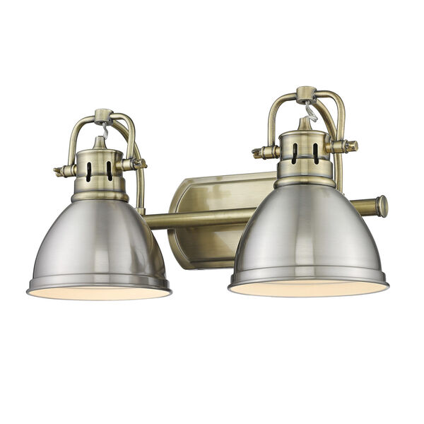 Duncan Aged Brass Two-Light Bath Vanity with Pewter Shades, image 1